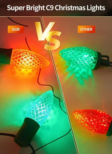 Vista 4 de Luces de Navidad al Aire Libre Brightown, 100 Pies de Cadenas LED Comerciales con Bombillas Multicolor C9 en Forma de Fresa, Impermeables