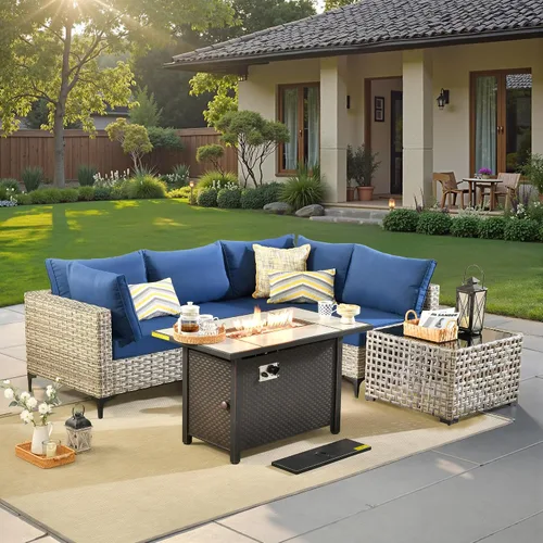 Vista 46 de ovios Muebles de patio de 8 piezas con hoguera, juego de conversación de mimbre de ratán para exteriores con mesa de centro brillante, cómodo sofá