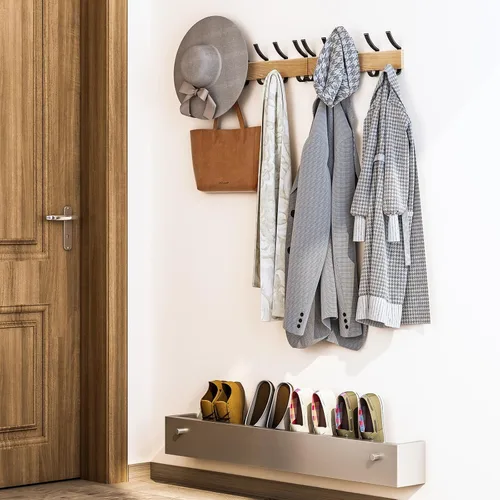 Vista 3 de Perchero de madera maciza para colgar en la pared, colgador de entrada, perchero de madera de metal con 5 ganchos de aluminio negro para bufanda
