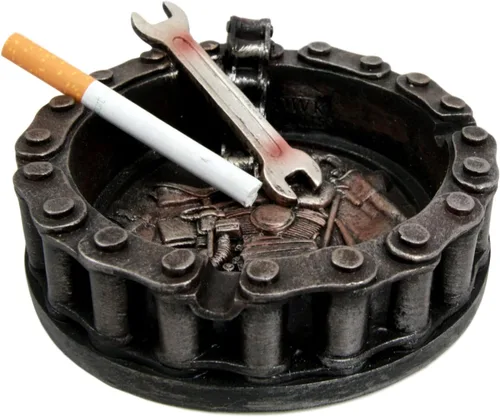 Vista 3 de Ebros Gift Mecánico motorista motocicleta cadena de cinturón redondo con llave herramienta cigarrillo cenicero resina figura humo tienda hombre