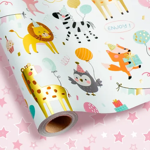 Vista 27 de Homeral Rollo de papel para envolver regalos azul para baby shower - Rollo mini - 17 pulgadas x 16.5 pies - Juego reversible de papel de regalo