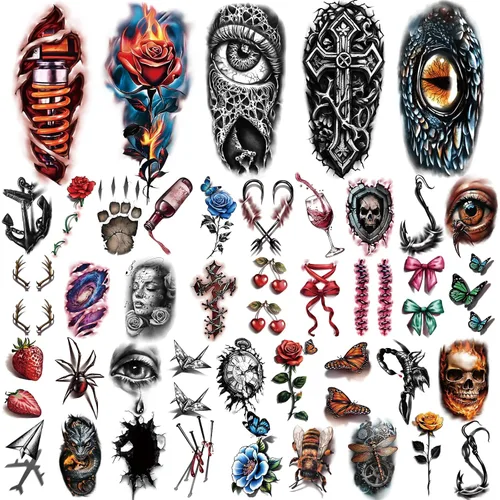 Vista 2 de 77 hojas de tatuajes temporales 3D para hombres y mujeres, diseño de león, tigre, dragón, araña, escorpión, serpiente, medusa, rosa, para cuello