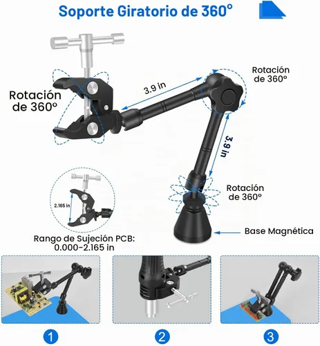 Vista 5 de Toolour Manos magnéticas que ayudan a soldar herramientas de tercera mano con luz extractora de humos de soldadura, abrazadera de tornillo