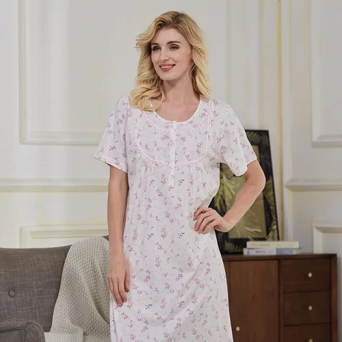 Vista 4 de Keyocean - Camisón de manga corta para mujer, 100 % algodón, suave, cómodo, ligero, con encaje, para verano, ropa de dormir
