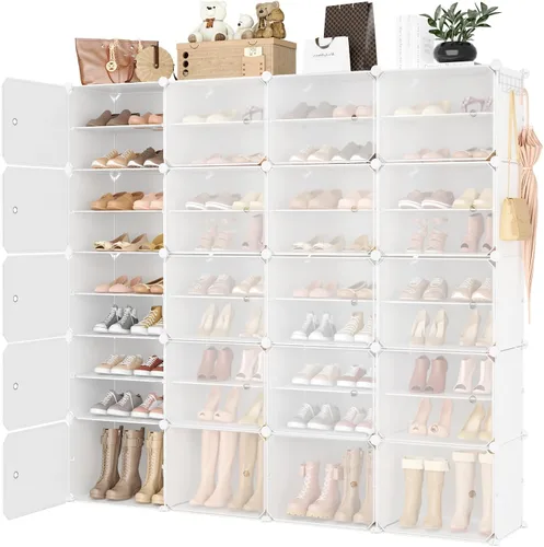 Vista 11 de Organizador portátil para zapatos con puerta, 48 pares de almacenamiento para zapatos, fácil de montar, plástico ajustable, organizador de zapatos