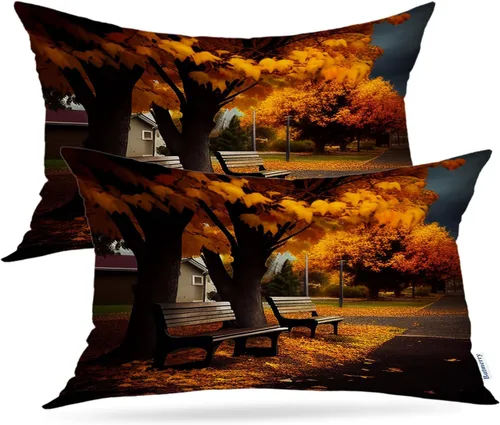 Vista 34 de Batmerry Fundas de almohada de bosque de arce otoñal, casas de sillas de madera, hojas amarillas, fundas de almohada decorativas, impresión digital