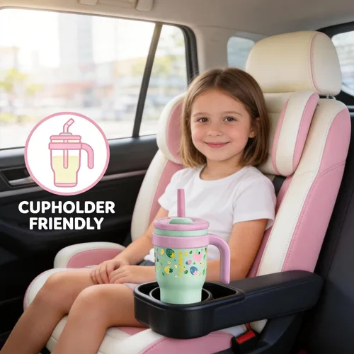 Vista 2 de KXIAOCHEN Vaso para niños de 14 onzas con asa para evitar derrames, vaso aislado reutilizable de acero inoxidable para niños pequeños, mantiene