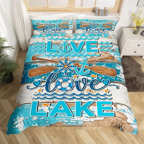 Vista 9 de Erosebridal Lake House Twin Bed Set for Boys Girls Kids, Blue and Beige Lakehouse 2Pcs Duvet Cover with Zipper, Rustic Farmhouse Bedding Sets