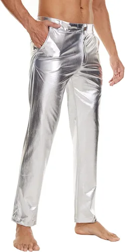 Vista 4 de Pantalones de discoteca metálicos brillantes para hombre, pantalones de fiesta de los años 70, pantalones de discoteca de pierna recta, disfraz