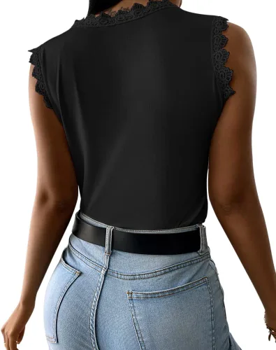 Vista 2 de Blusa sin mangas de encaje para mujer, sin mangas, de verano, casual, cuello redondo, ajustada, camisa hueca