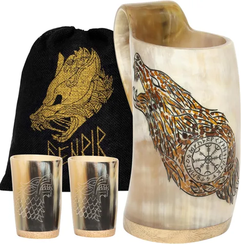 Vista 7 de FENRIR Cuerno vikingo para beber con taza de café y cuchara con plato Cuerno de buey auténtico nórdico Grado alimenticio medieval Bebidas