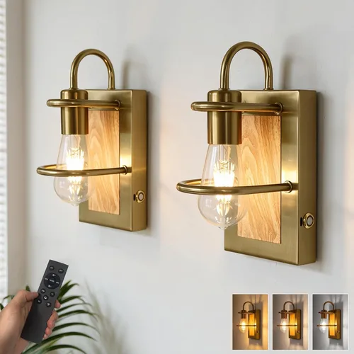 Vista 10 de Luces de pared vintage a pilas con acabado de madera sintética, lámpara de pared regulable, sin cableado, fácil de instalar, aplique de pared