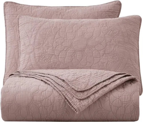 Vista 6 de Chezmoi Collection Octavia - Juego de colcha bordada de 3 piezas con medallón floral, para todas las estaciones, juego de edredón de algodón
