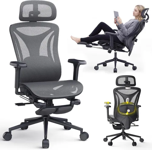 CYKOV Silla de oficina ergonómica con reposapiés, soporte lumbar ajustable y reposacabezas, silla de computadora reclinable de malla de 90-160°,
