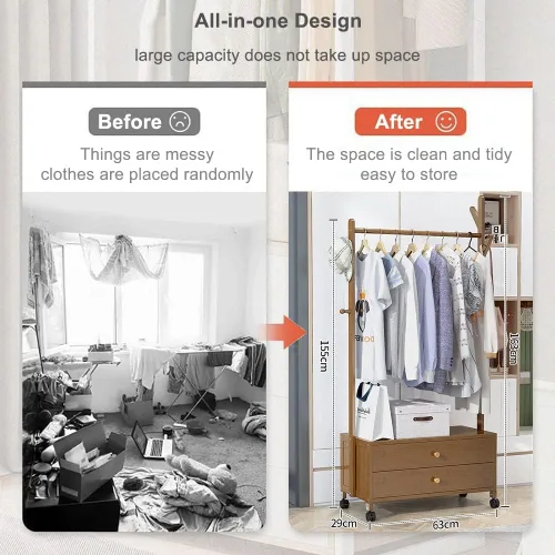 Vista 7 de Perchero independiente resistente, perchero de bambú con ruedas, ideal para almacenamiento de ropa de dormitorio