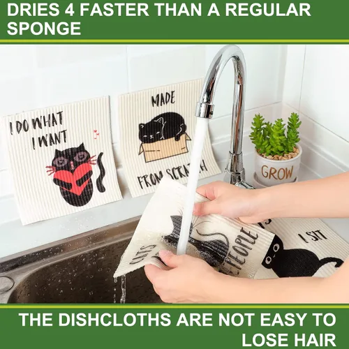 Vista 4 de Funtery 8 piezas de paños de cocina suecos de gato negro, paños de esponja absorbentes suecos reutilizables, lavables, paños de cocina para lavar