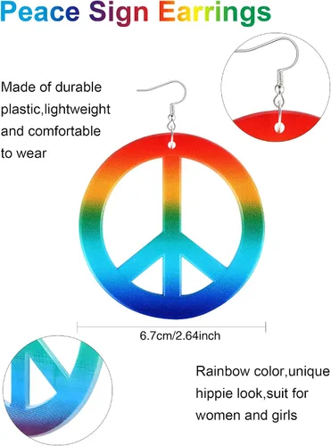 Vista 4 de Juego de 4 piezas de disfraz hippie con signo de paz, collares, lentes hippie, aretes, diadema de teñido anudado para mujeres, hombres y parejas
