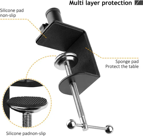 Vista 5 de Abrazadera de escritorio de metal para soporte de micrófono, abrazadera de mesa con brazo de pluma de montaje en C, ajuste de perilla lateral