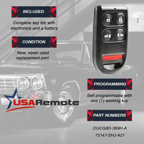 Vista 3 de Llavero compatible con control remoto de entrada sin llave Honda Odyssey 2005-2010 (OUCG8D-399H-A)