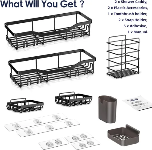 Vista 8 de NESOMI Organizador de Ducha Adhesivo Juego de 7 Piezas, Estantes de Baño de Acero Inoxidable a Prueba de Óxido, Accesorios de Almacenamiento sin