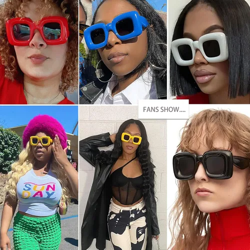 Vista 2 de Haqptul 2 pares de lentes de sol inflados con diseño de ojo de gato, montura gruesa cuadrada, gafas de moda para mujeres y hombres, modernos y2k