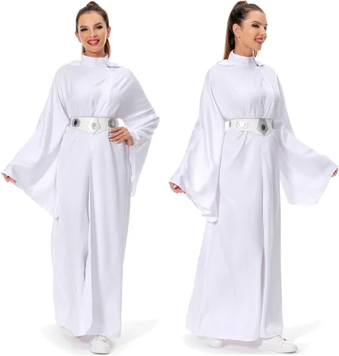 Vista 3 de Disfraz de princesa para mujer, vestido blanco con capucha, bata larga, traje clásico de lujo