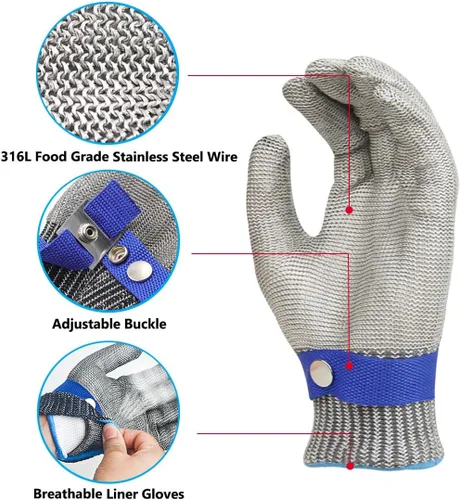 Vista 7 de Guantes de malla de malla de acero inoxidable de nivel 9 para cortar ostras Shucking Chopping Butcher