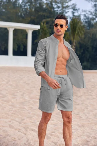 Vista 4 de COOFANDY Conjuntos de lino para hombre, 2 piezas, camisa de manga larga y pantalones cortos casuales con cordón en la cintura, trajes de verano