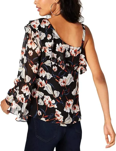 Vista 2 de I-N-C Blusa asimétrica floral de un hombro para mujer, Begonia floreciente