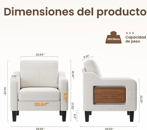 Vista 3 de Silla de acento para sala de estar, sillón moderno tapizado en lino, silla de sofá lateral de tela con estructura de madera con mesa plegable, 2