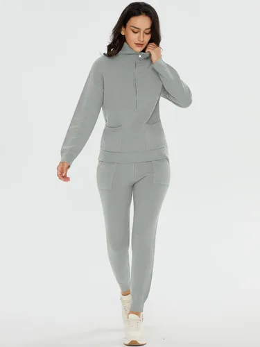 Vista 5 de DEEP SELF Conjunto de dos piezas para mujer, suéter de manga larga, media cremallera, pantalones deportivos con bolsillos