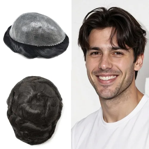 Vista 399 de Toupee para hombre 100% cabello humano real tupé para hombres 0.004 in piel de poliuretano para hombre, sistema de reemplazo de piezas de pelo