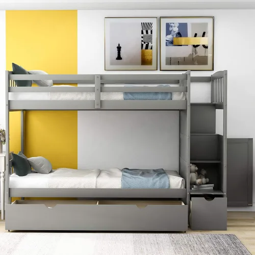 Vista 9 de Harper & Bright Designs - Litera con cama de tamaño individual sobre cama de tamaño matrimonial/individual, con 3 cajones, 4 espacios de Gris
