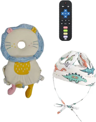 Vista 7 de Protector de Cabeza de Bebé Mochila con Almohada, Casco de Bebé para Gatear, Caminar y Juguetes para Dentición de Bebé Juego de 3 Piezas verde