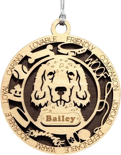 Vista 62 de Adorno de Navidad personalizado para perro Cavalier King Charles Spaniel, redondo de 3 pulgadas, madera cortada con láser de 2 capas, nombre y texto