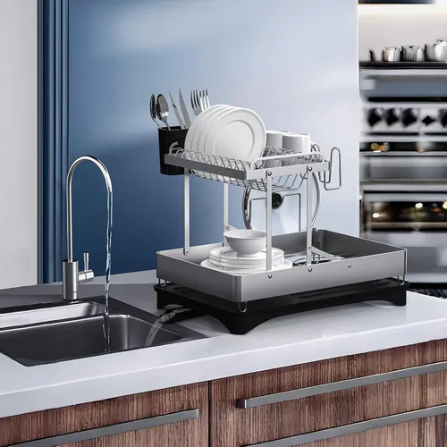 Vista 2 de Escurridor de platos, 2 niveles plegables de acero inoxidable para encimera de cocina, escurridor de platos grande multifuncional con boquilla