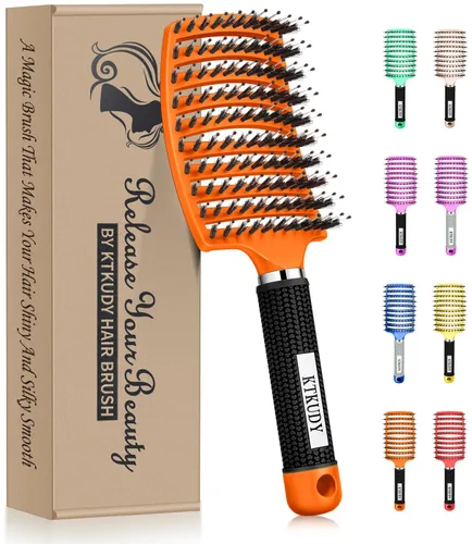 Vista 7 de KTKUDY Cepillo para desenredar con cerdas de jabalí, cepillo para hacer el cabello más brillante y saludable, cepillo desenredante curvo y ventilado