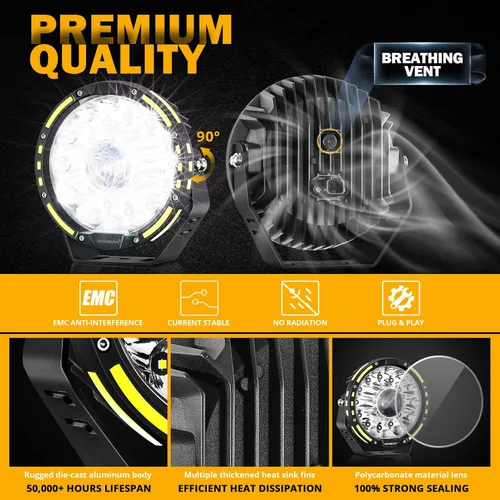 Vista 9 de Auxbeam Serie 360-PRO - Luces LED redondas para todo terreno de 7 pulgadas, con 2 cubiertas protectoras ámbar/negras, barra de luz de conducción