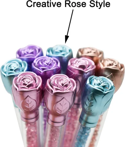 Vista 3 de Maydahui 12 bolígrafos retráctiles con diseño de rosas y flores, de cristal, de arena movediza, tinta negra, para escuela, boda, fiesta