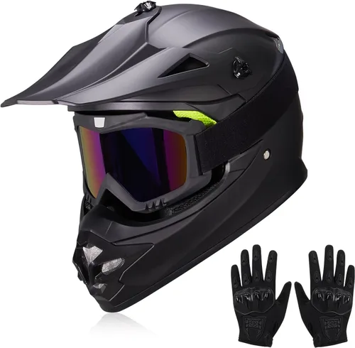 Vista 12 de cascos para niños y jóvenes de bicicleta todoterreno, motocross, ATV, BMX, MX, bicicleta todoterreno, casco de motocicleta J-01 con gafas y guantes