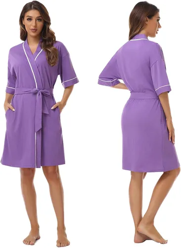 Vista 116 de COLORFULLEAF Bata de baño de manga corta para mujer, 100% algodón, longitud hasta la rodilla, con bolsillos