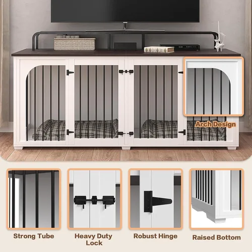 Vista 7 de Mueble grande para perrera para 2 perros, 74.8 pulgadas, XXL de madera doble para perros, estilo de muebles con divisor para razas grandes