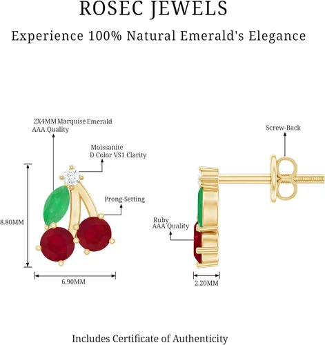 Vista 6 de Aretes de cereza esmeralda y rubí natural para mujer, calidad AAA certificada, aretes de tuerca de cereza roja