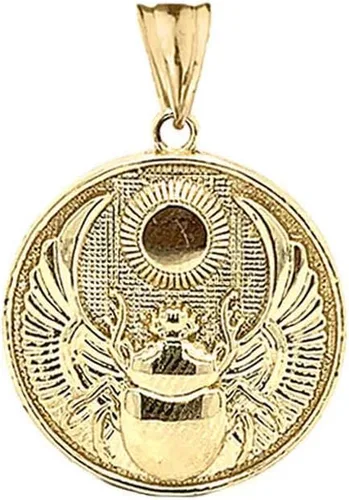 Vista 2 de Collar con colgante de oro de 14 quilates con colgante de escarabajo egipcio antiguo y disco solar