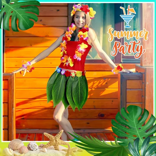 Vista 4 de 6 piezas de disfraz hawaiano para mujer, incluye falda hula, top hawaiano, flor hawaiana, collar y pulsera para Halloween, mujer, cosplay