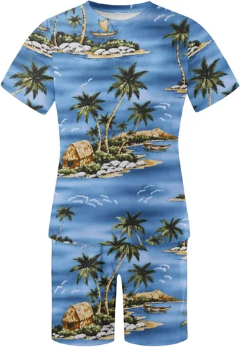Vista 4 de Conjunto deportivo para hombre, conjunto de 2 piezas, camiseta hawaiana de manga corta y pantalones cortos, traje deportivo casual para la playa