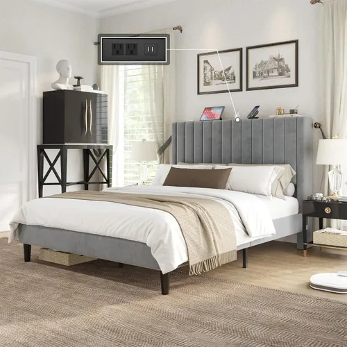 Vista 10 de VanAcc Base de cama tamaño Queen, plataforma tapizada de terciopelo con cabecera capitoné de canal, base de colchón con listones de madera,