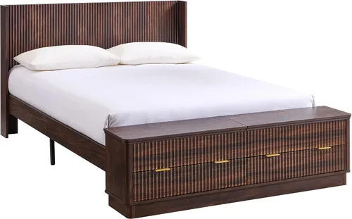 Vista 7 de T4TREAM Cama Queen acanalada con cabecera y banco de almacenamiento, nogal Nogal oscuro