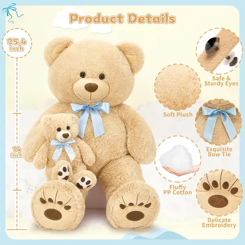 Vista 6 de MorisMos Oso de Peluche Gigante Animal de Peluche con Osos Bebé, 35.4'' Oso Grande de Peluche Mamá, 3 Pequeños Osos de Peluche Animales de Peluche a