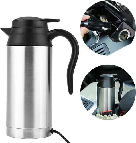 Vista 2 de Acouto Hervidor eléctrico de acero inoxidable para coche, 25.4 fl oz, 12 V, calentador de cigarrillos, calentador de agua portátil para té